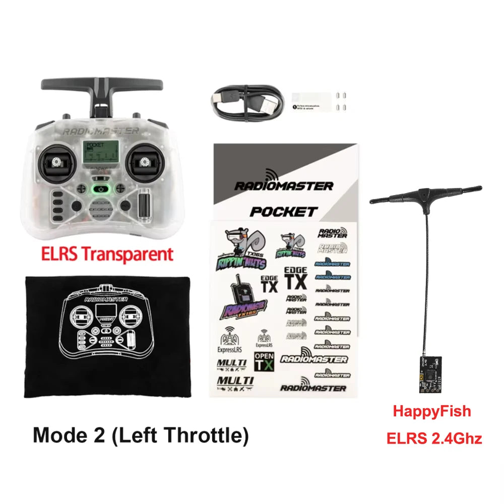 Radiomaster Pocket ELRS Transparent, télécommande compacte avec joysticks détachables, câble USB, autocollants et module ELRS 2.4Ghz.