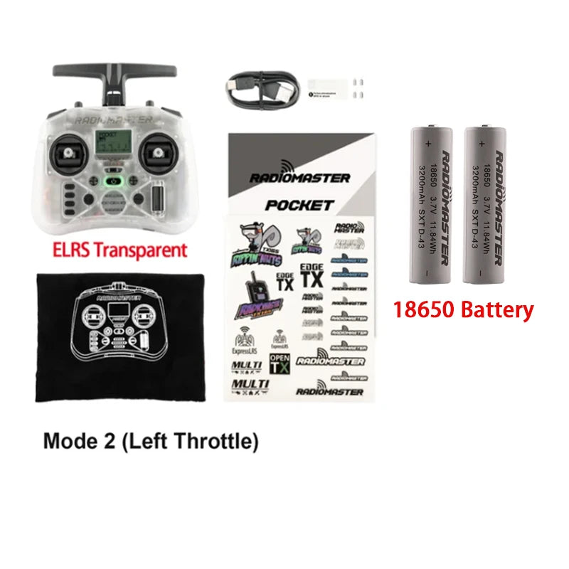 Radiomaster Pocket ELRS Transparent avec joysticks détachables, câble USB, autocollants et deux batteries 18650.