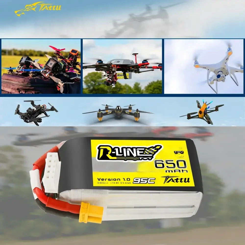 TATTU 95C 14.8V 650mAh Lipo 4s batterie avec prise XT30 alimentation RC pour 100 à 150 taille FPV petit cadre de Drone