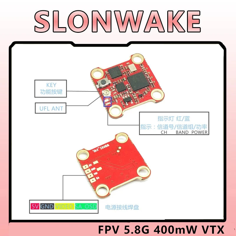 SLONWAKE 5.8G 48CH 007 400mW Adjustable Power MINI VTX CVBS Analog Signal Transmitter for RC FPV Racing Drone