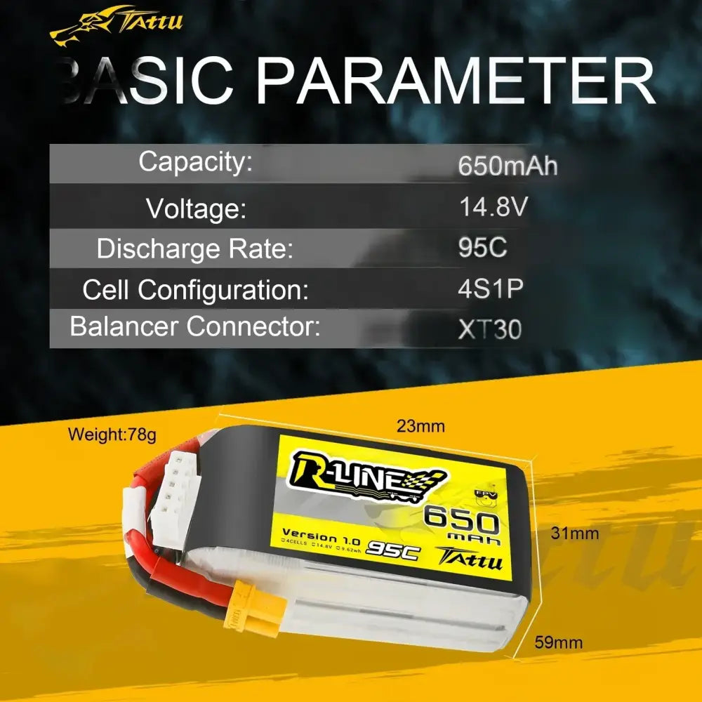 TATTU 95C 14.8V 650mAh Lipo 4s batterie avec prise XT30 alimentation RC pour 100 à 150 taille FPV petit cadre de Drone