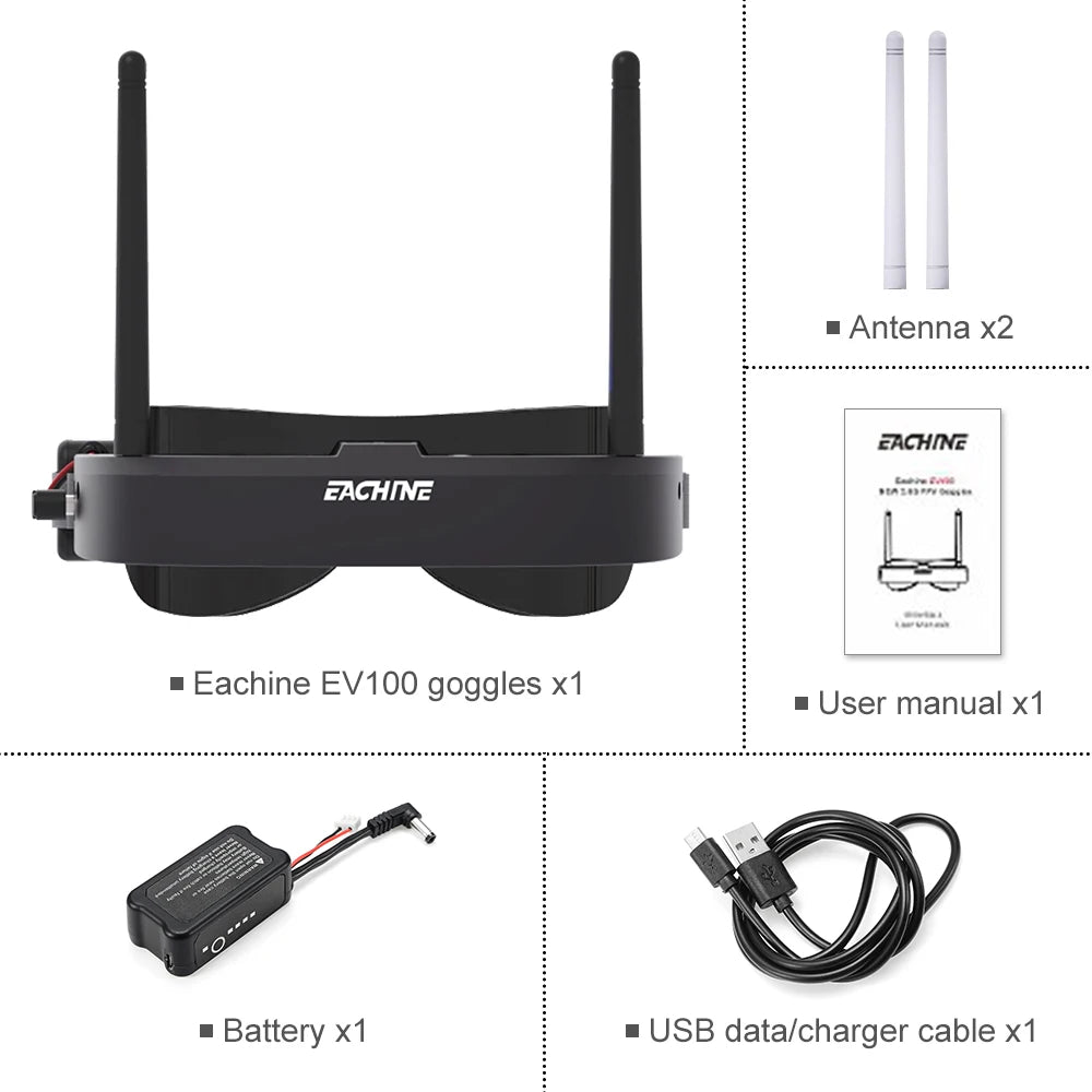 Eachine EV100 720*540 5.8G 72CH FPV Goggles with Dual Antenna Fan 18650 Battery Case for RC Drone