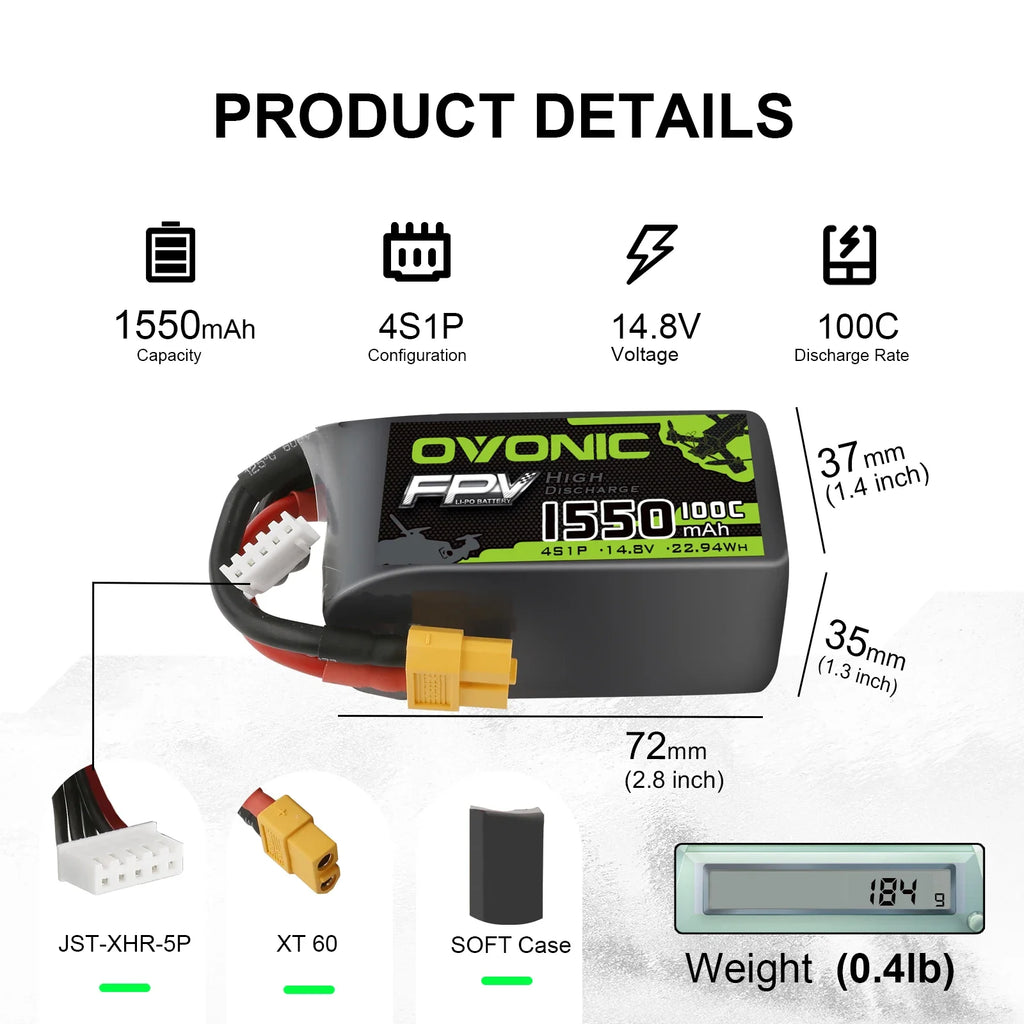 OVONIC 6S 4S 1300mAh 100C 22.2V Lipo Battery with XT60 Connector for FPV Racing Drone, RC Quadcopter, Helicopter, UAV, and Other Aircraft Batteries