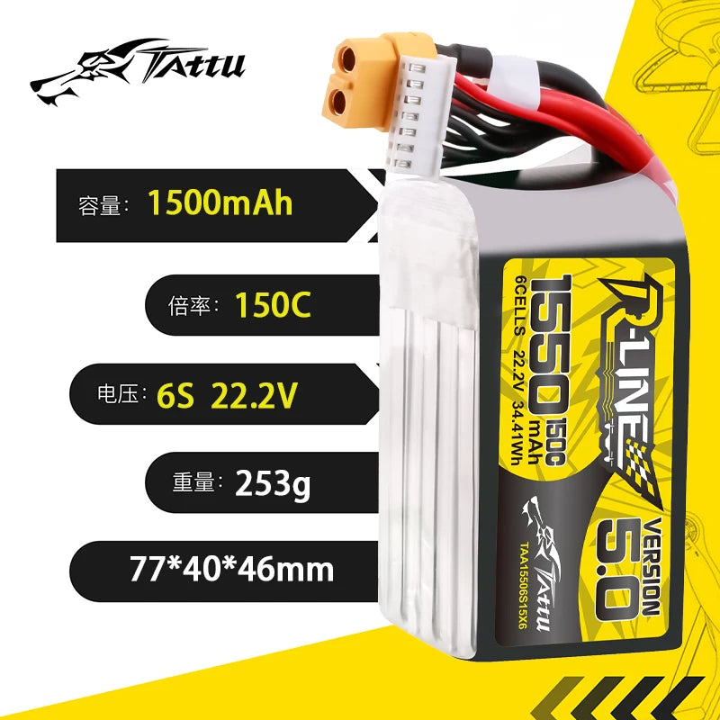 Batterie LiPo TATTU-R-LINE 5.0 22.2V 1550mAh 150C pour hélicoptère RC, quadricoptère, drone de course FPV, avec prise XT60, batterie 6S