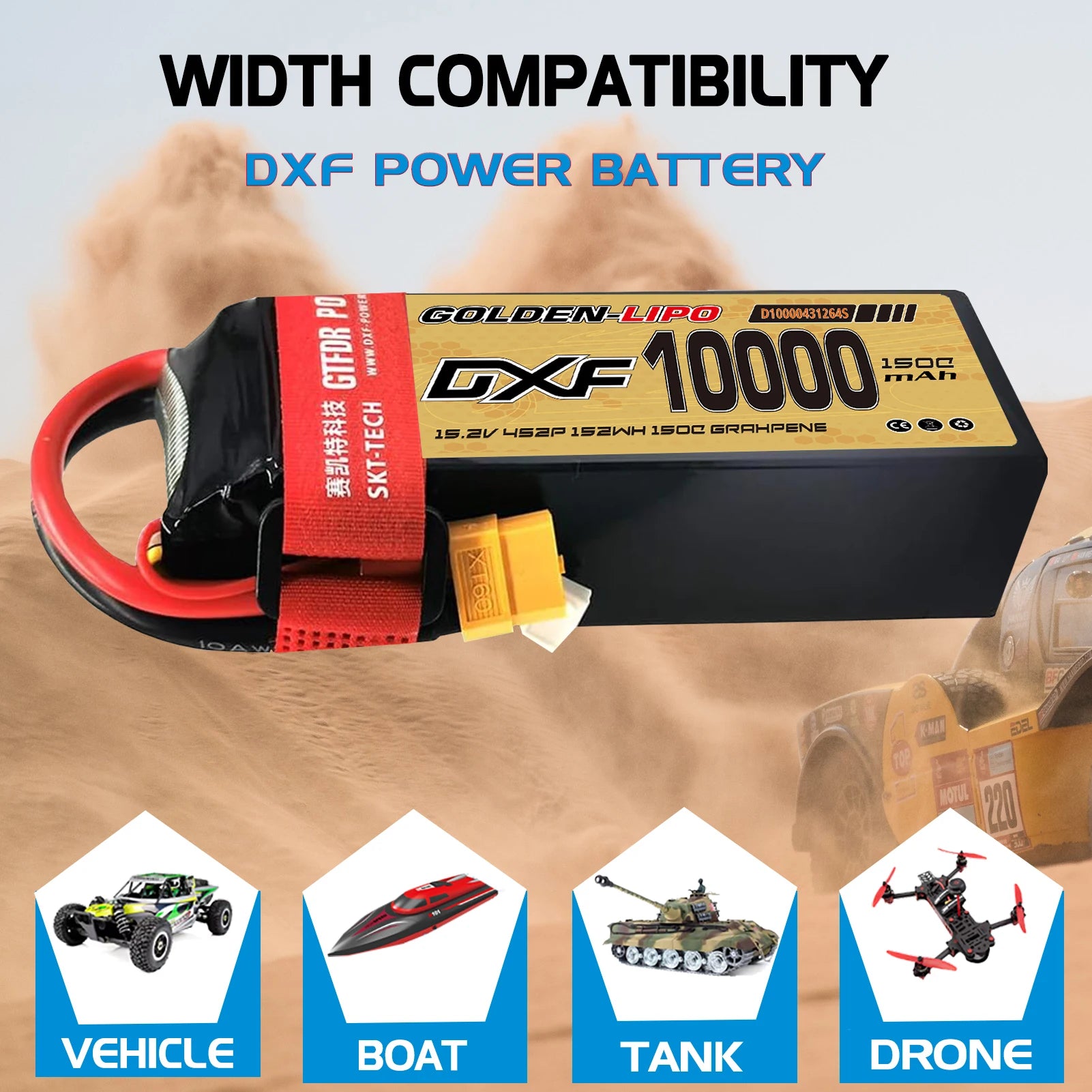 Batterie Lipo DXF 4S 10000mah 15.2V 150C Prise XT60 Boîtier rigide pour voiture RC Buggy Truggy Tout-terrain Voiture Bateau Camion Avion UAV RACING