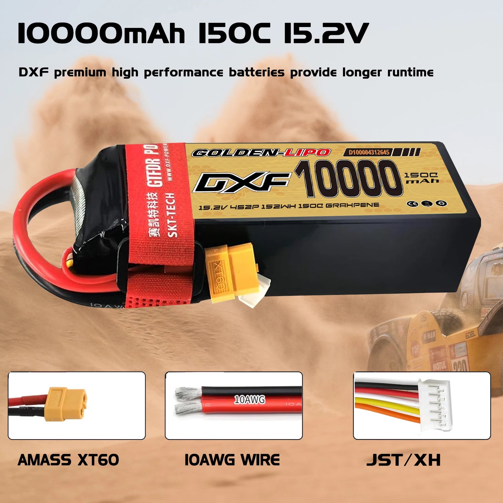 Batterie Lipo DXF 4S 10000mah 15.2V 150C Prise XT60 Boîtier rigide pour voiture RC Buggy Truggy Tout-terrain Voiture Bateau Camion Avion UAV RACING