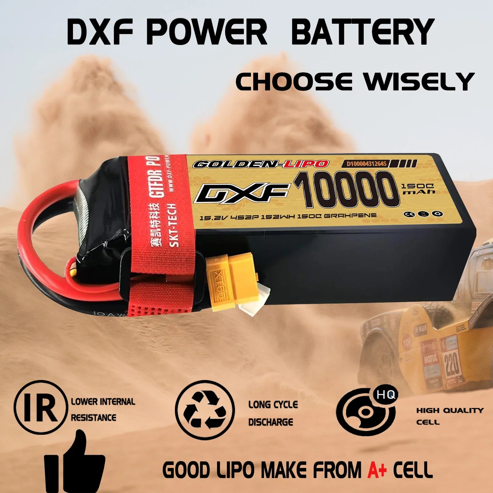 Batterie Lipo DXF 4S 10000mah 15.2V 150C Prise XT60 Boîtier rigide pour voiture RC Buggy Truggy Tout-terrain Voiture Bateau Camion Avion UAV RACING