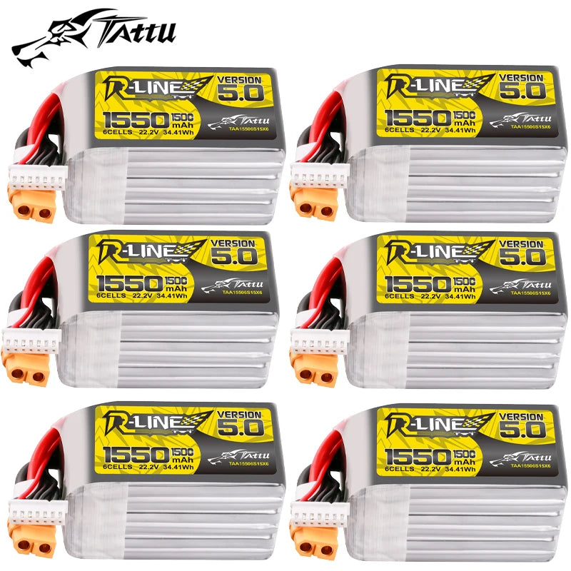 Batterie LiPo TATTU-R-LINE 5.0 22.2V 1550mAh 150C pour hélicoptère RC, quadricoptère, drone de course FPV, avec prise XT60, batterie 6S