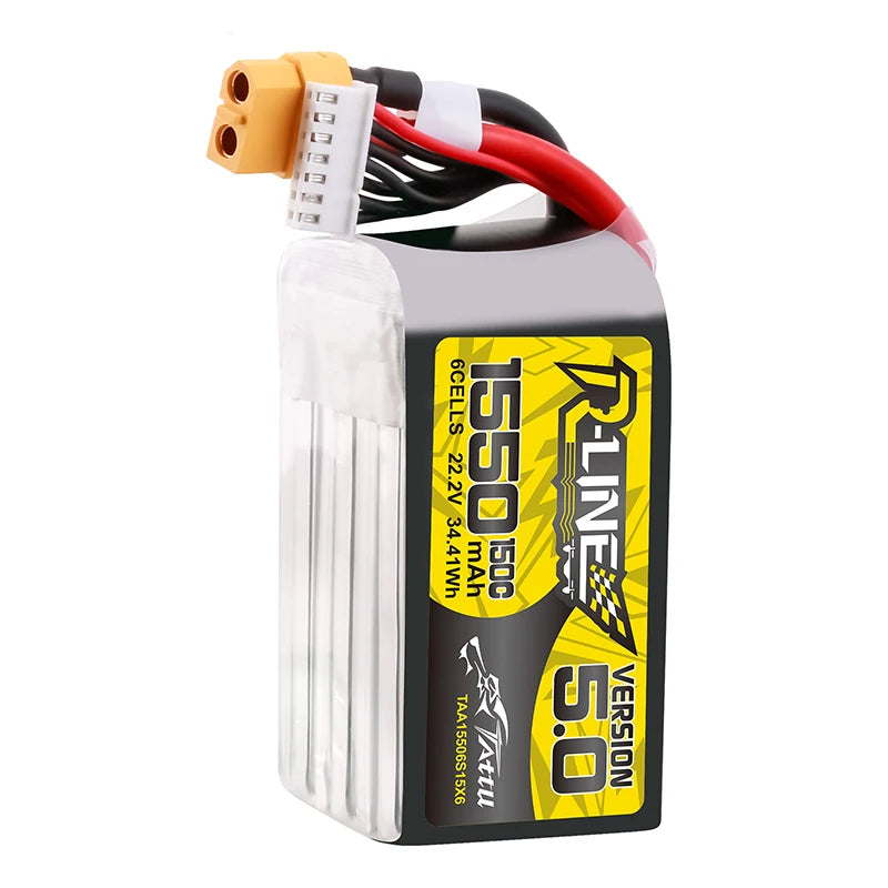 Batterie LiPo TATTU-R-LINE 5.0 22.2V 1550mAh 150C pour hélicoptère RC, quadricoptère, drone de course FPV, avec prise XT60, batterie 6S