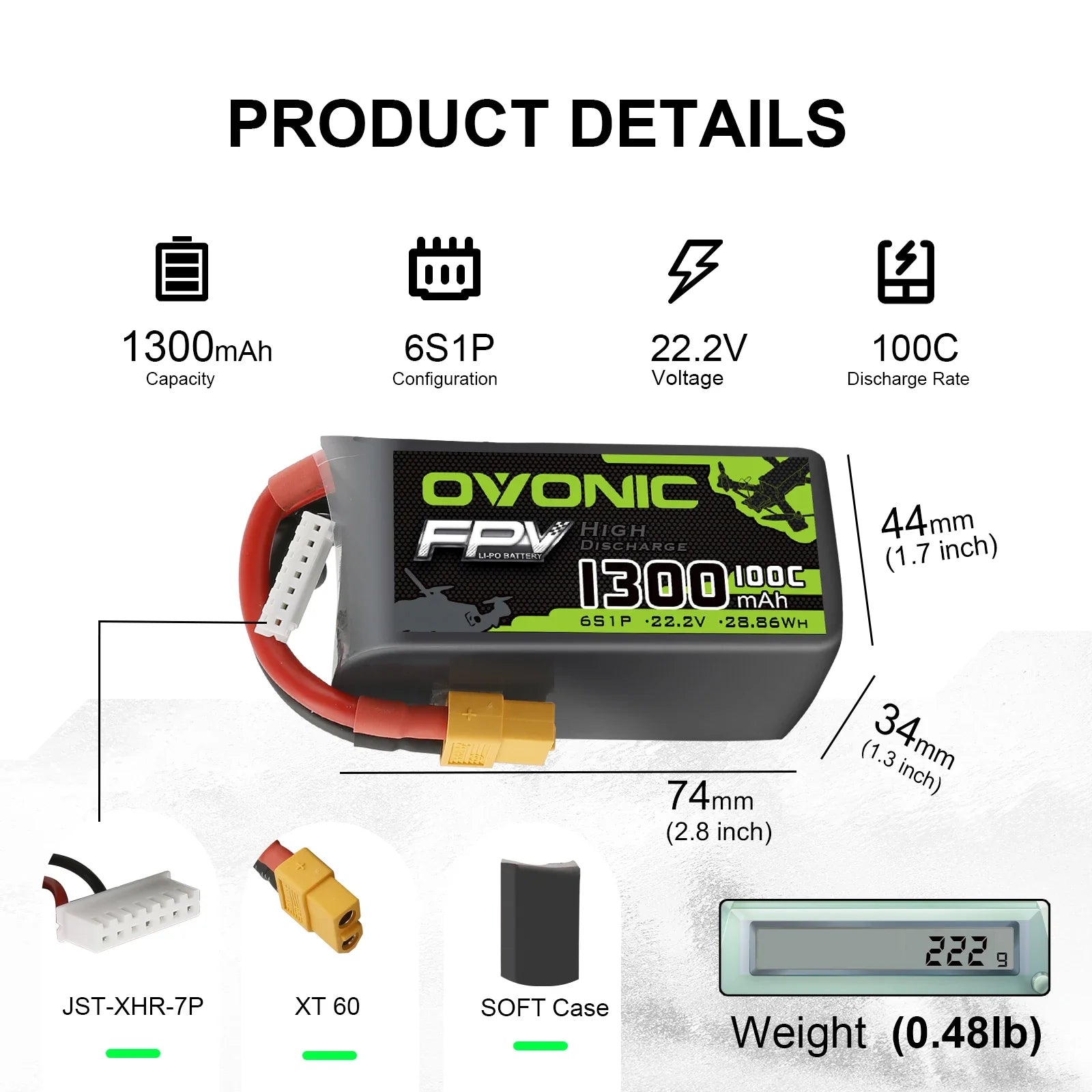 OVONIC 6S 4S 1300mAh 100C 22.2V Lipo Battery with XT60 Connector for FPV Racing Drone, RC Quadcopter, Helicopter, UAV, and Other Aircraft Batteries