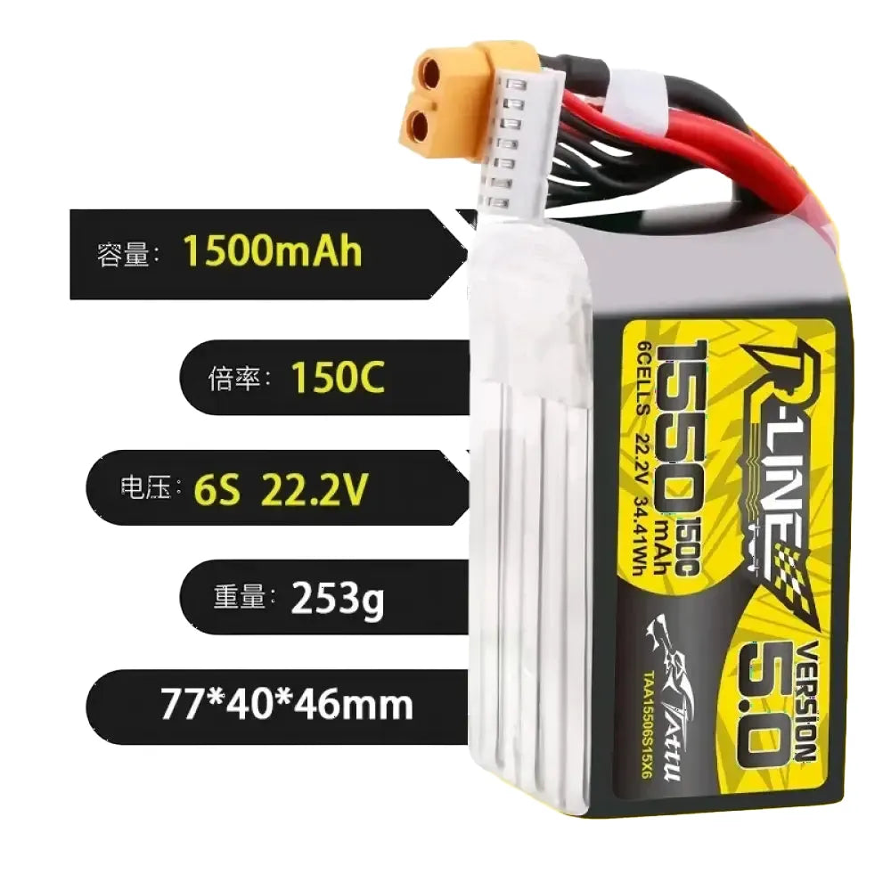 Batterie LiPo TATTU-R-LINE 5.0 22.2V 1550mAh 150C pour hélicoptère RC quadricoptère drone de course FPV avec prise XT60
