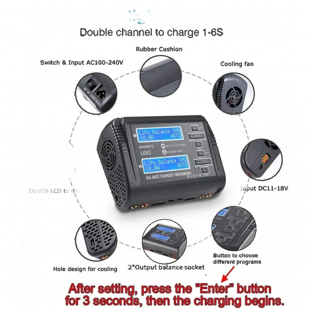 Chargeur d’équilibre L6 double canal 10A AC/150W DC/240W pour Li-ion LiFe NiCd NiMH LiHV PB Batteries intelligentes