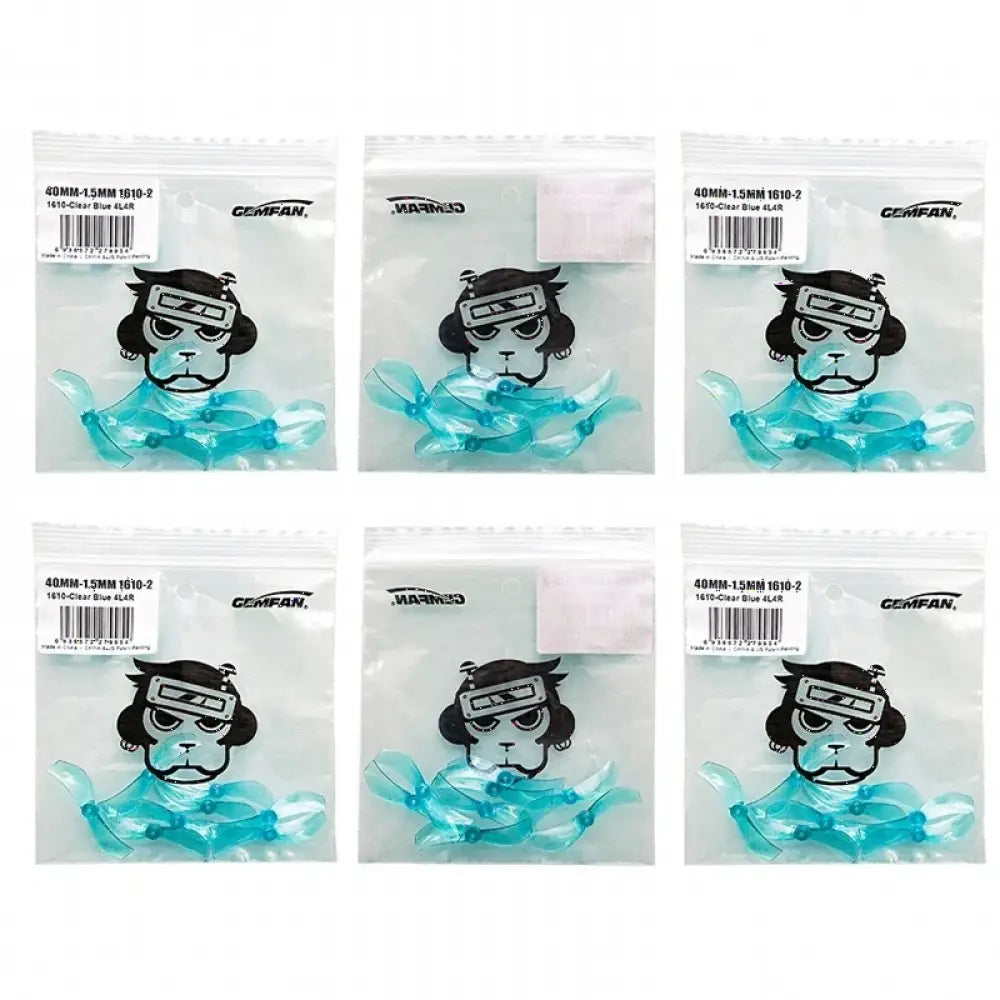 Six paquets d'hélices Gemfan 1610-2 bleues claires de 40mm pour drones FPV.