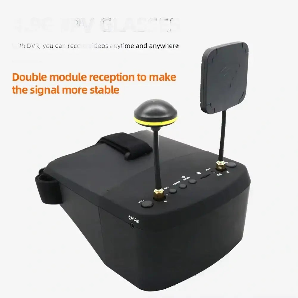 Lunettes vidéo FPV EV800D noires avec antennes diversité, écran 5 pouces et DVR intégré.