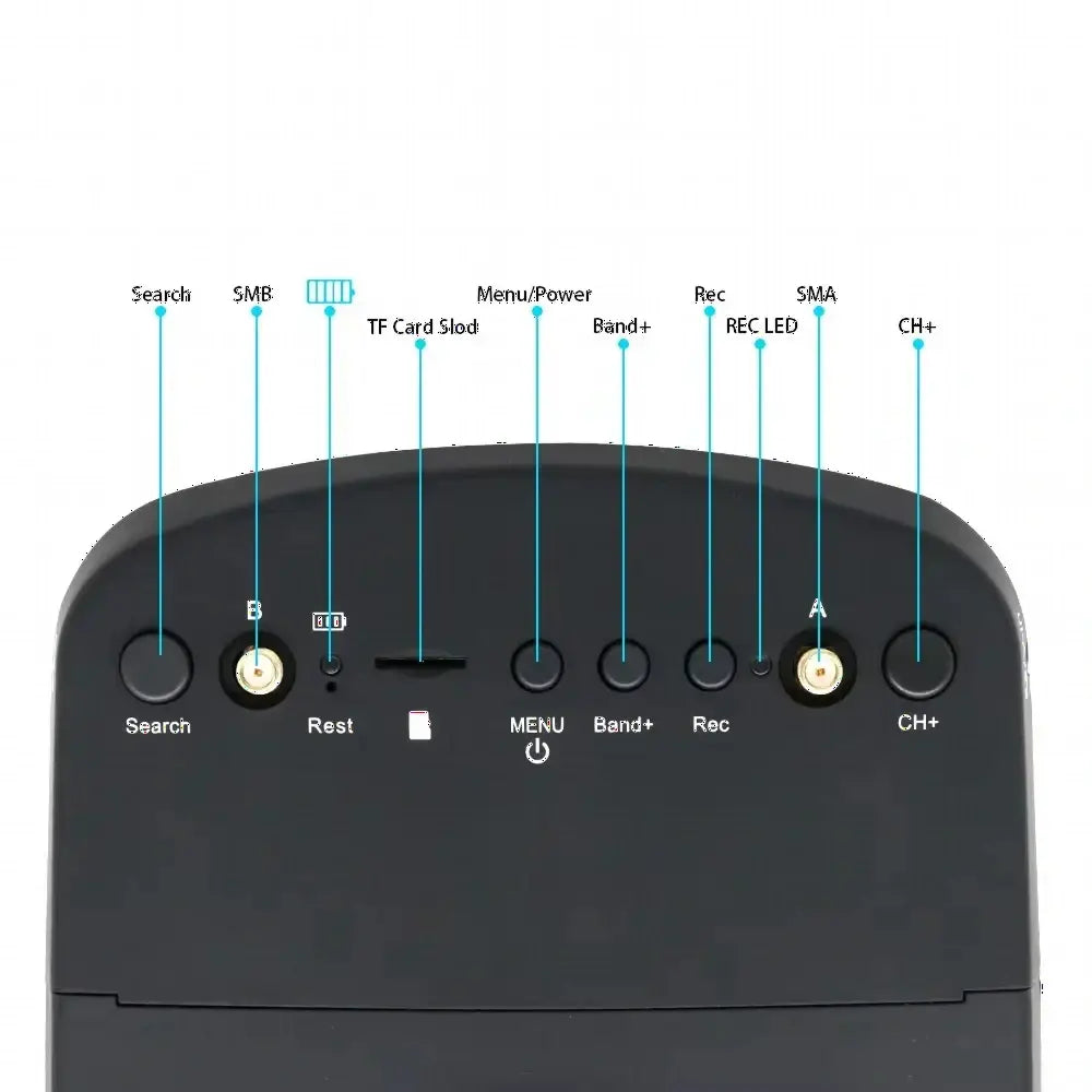 Dessus des lunettes FPV EV800D noires avec boutons de commande, port carte TF et connecteurs d'antenne.