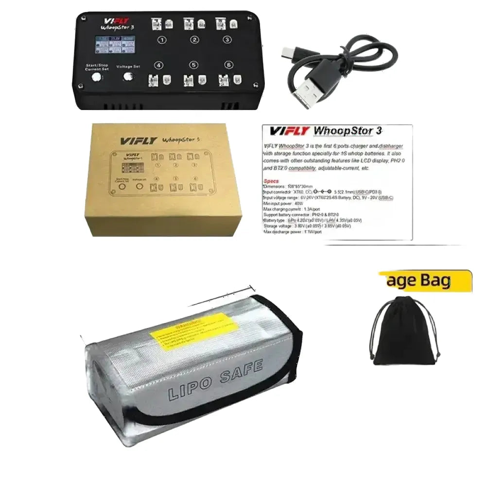 NOUVEAU VIFLY WhoopStor 3 V3 6 Ports 1S LIPO veHV Chargeur de Batterie Déchargeur Stockage LCD TYPE-C DC cruc60 Pour RC
